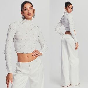 NWT RETROFETE Crystal Embellished Ruched Chiffon Mockneck Long Sleeve Crop Top S